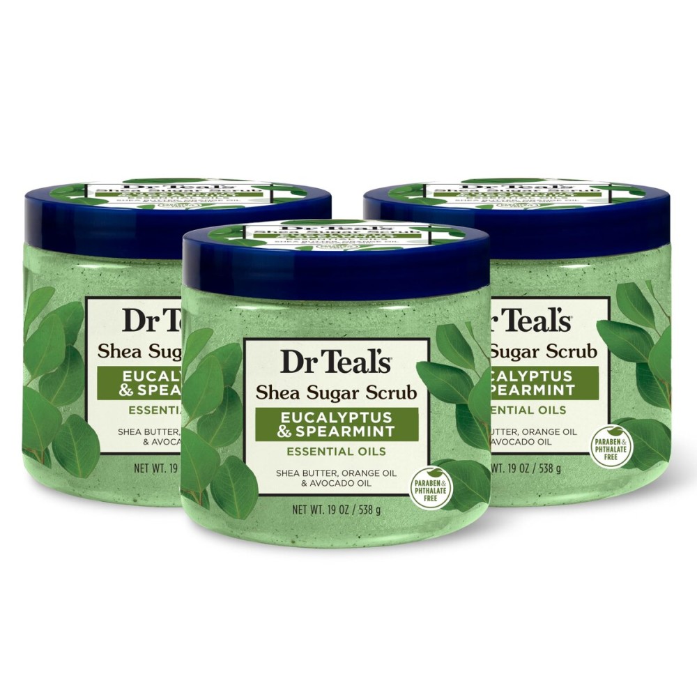 Dr Teal\'s Shea Sugar Scrub, Eucalyptus & Spearmint Essential Oils, 19 oz (Pack of 3)