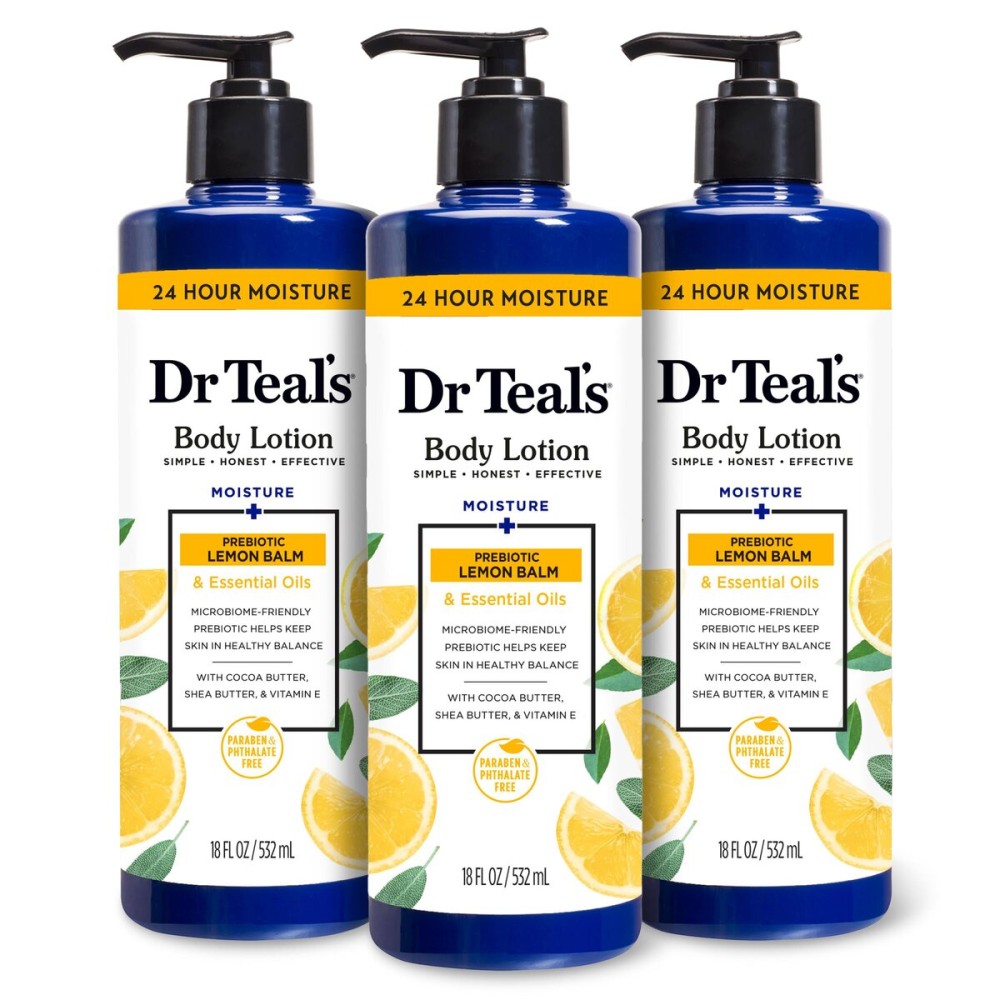 Dr Teal\'s Body Lotion, Lemon Prebiotic Lemon Balm & Essential Oils, 18 fl oz (Pack of 3)