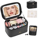 OCHEAL Makeup Bag With LED Mirror, Travel Makeup Bag With 3 Color Setting Light Up Mirror Cosmetic Makeup Organizer Vanity Case for Women Beauty Tools Accessories Rechargeable Makeup Travel Bag-Black