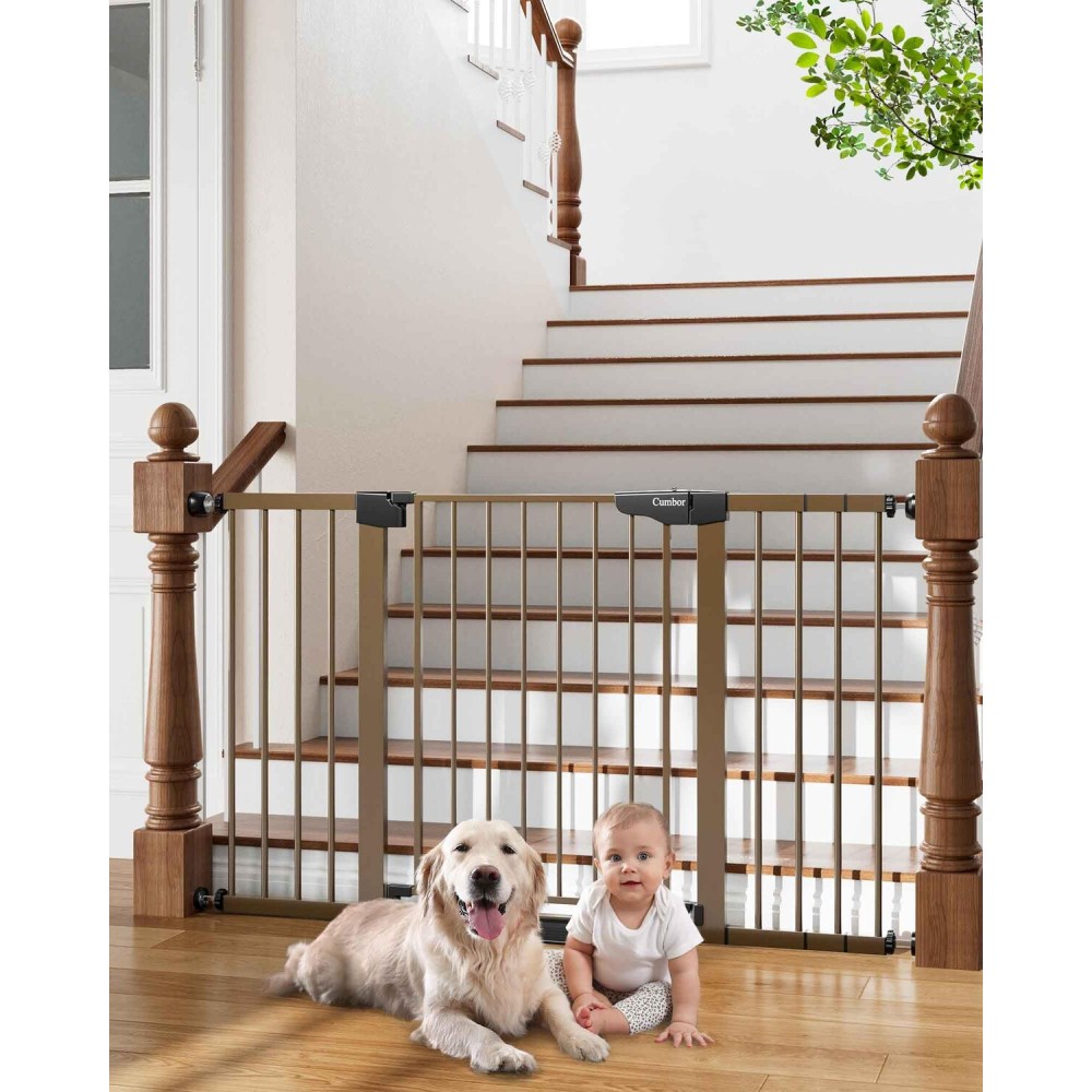 Cumbor 29.7-54.2 Wide Baby Gate for Stairs, Mom\'s Choice Awards Winner-Self Closing Dog Gate Indoor for Doorways, No Drilling Pressure Mounted Pet Gates for Kids, Easy Walk Through Safety Gate, Brown