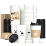 Coolcap Coffee Cups with Lids and Sleeves, 16 Ounce 100 pack To Go Coffee Cups with Lids, Disposable Hot Coffee Paper Cups Bulk for Hot Beverage (16 Ounce, White)