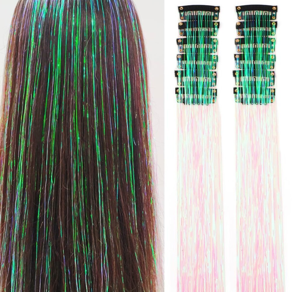 Hair Tinsel Pack of 12 Pcs Clip in Hair Tinsel 20 Inch Colorful Glitter Tinsel Hair Extensions Tinsel Fairy Hair Party Dazzle Hair Accessories Strands Kit for Women Girls Kids(12Pcs,Dazzle White)
