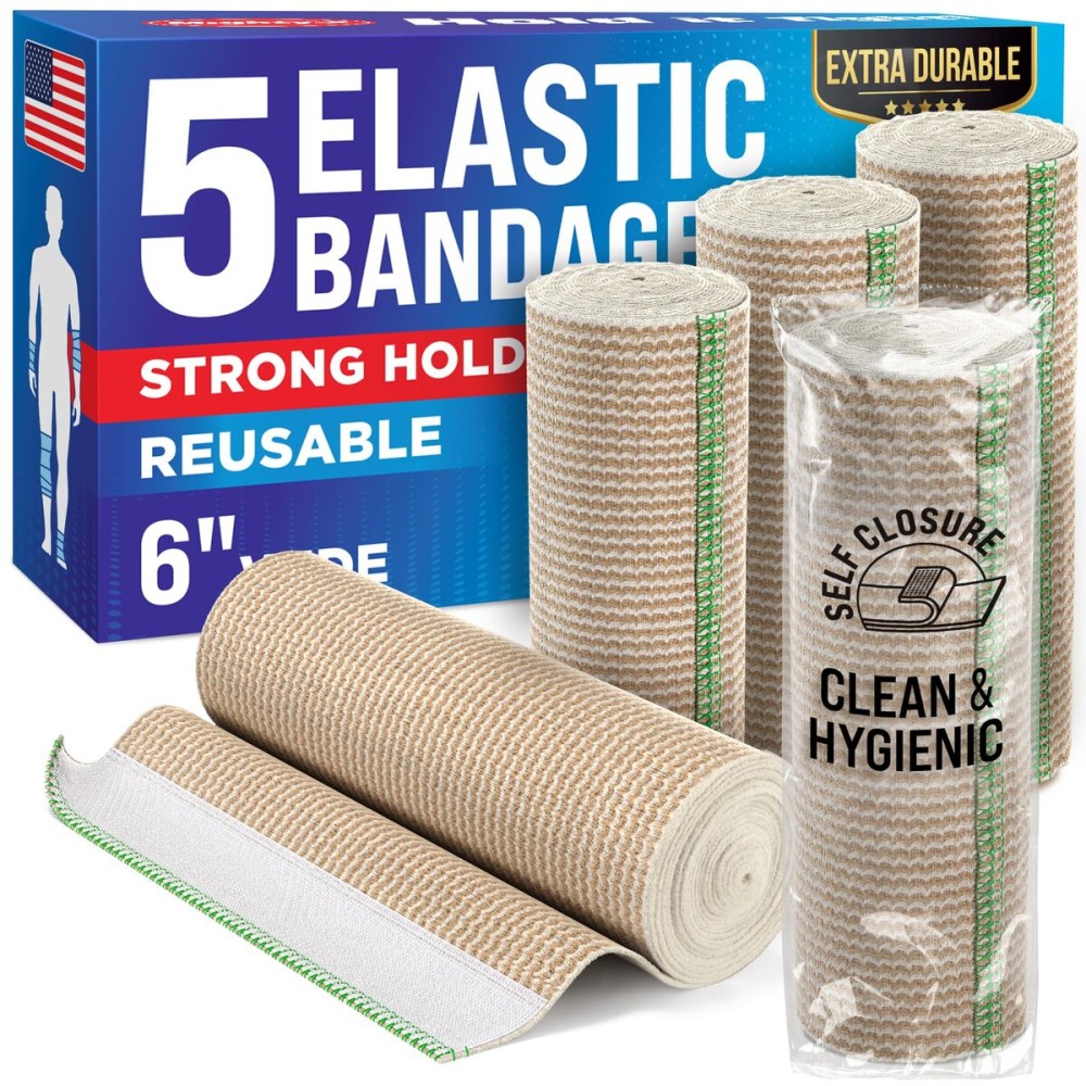 Premium Elastic Bandage Wrap - 6 (5pk) - Strong Compression - Self-Closing Reusable Bandages for Legs, Knee, Back, Abdomen, Lymphedema - Body Wrap - for First Aid Kit and After Surgery Recovery