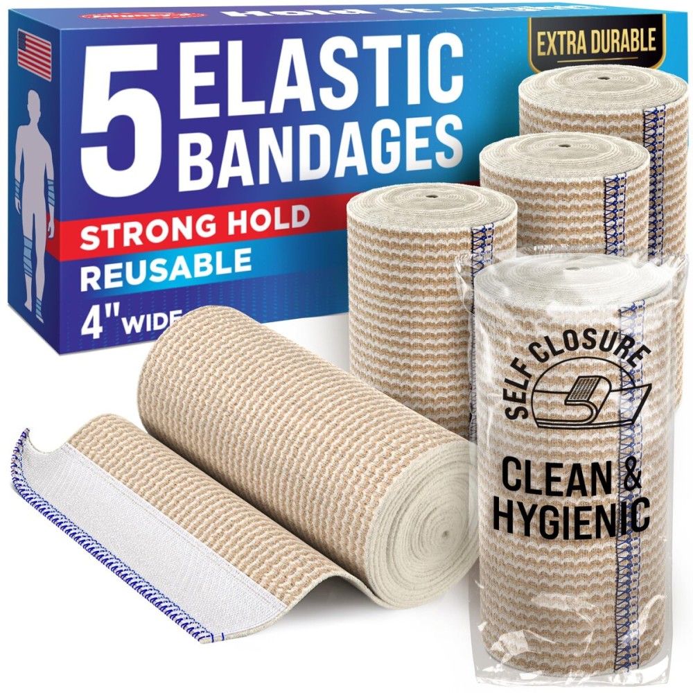 Premium Elastic Bandage Wrap - 4 (5pk) - Strong Compression - Self-Closing Reusable Bandages for Legs and Arms - Wrist, Elbow, Foot, Knee Wrap