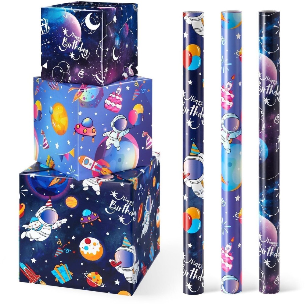 WERNNSAI Space Wrapping Paper Rolls - 3 Short Rolls Blue Galaxy Birthday Wrap Paper for Kids Boy Birthday Party Gift Packing Supply Decoration Favor with Cut Lines 17 in x 10 ft
