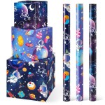 WERNNSAI Space Wrapping Paper Rolls - 3 Short Rolls Blue Galaxy Birthday Wrap Paper for Kids Boy Birthday Party Gift Packing Supply Decoration Favor with Cut Lines 17 in x 10 ft