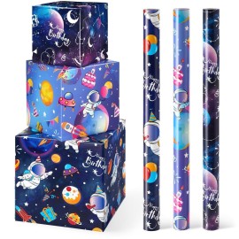 WERNNSAI Space Wrapping Paper Rolls - 3 Short Rolls Blue Galaxy Birthday Wrap Paper for Kids Boy Birthday Party Gift Packing Supply Decoration Favor with Cut Lines 17 in x 10 ft