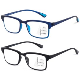 CARA Premium 2 Pack Progressive Multifocus Reading Glasses, Lightweight TR90 Frame Anti-blue Light Computer Readers, Standard for Distance Range Approx 20ft, Black& Blue,1.5x