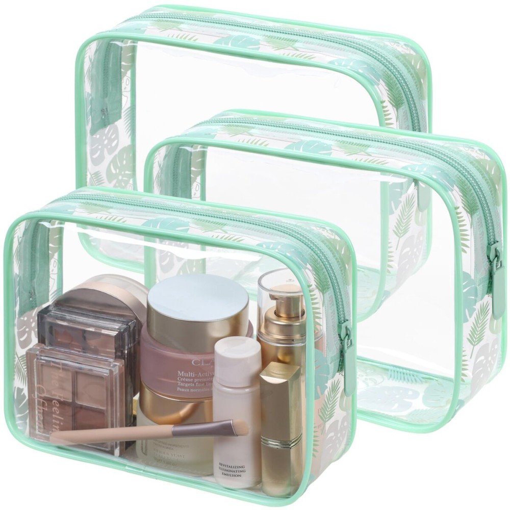 PACKISM TSA Approved Toiletry Bag - Light Green Turtle Leaves Print 3 Pack Medium, Quart Size Clear Toiletry Bag, Suitable for Gifts Perfect for Travel Essentials, Thick No Smell