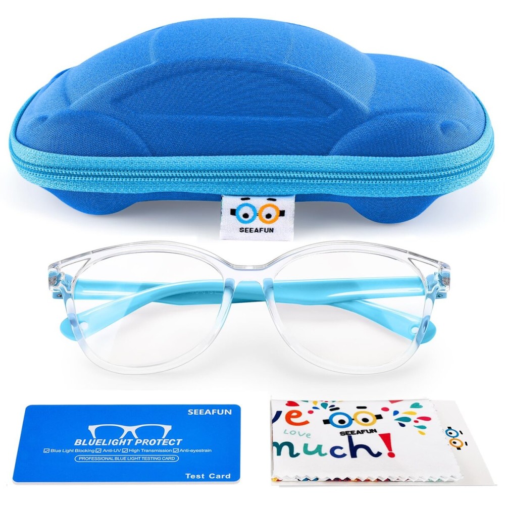 SEEAFUN Blue Light Glasses for Kids Girls Boys with Cute Car Case, UV400 Protection, Anti Blue Ray Age3-12