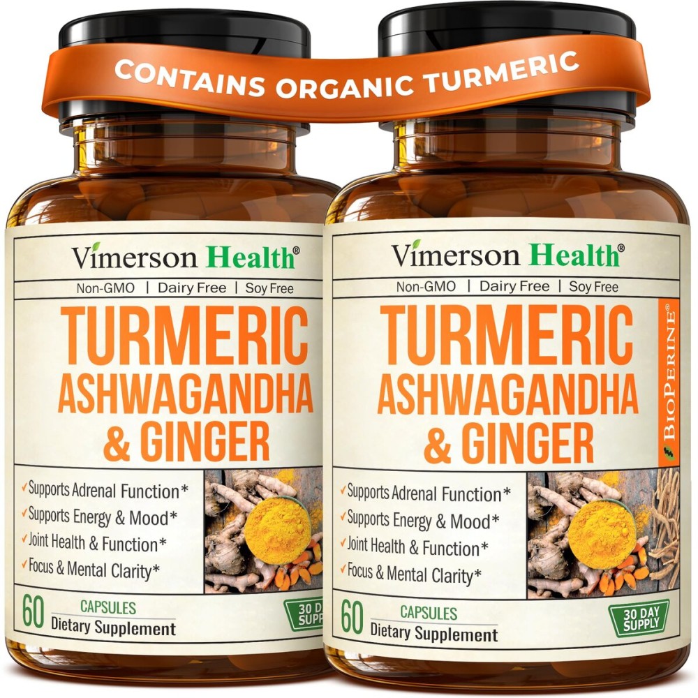 Ashwagandha Organic Turmeric Curcumin Supplement with Ginger Root & Black Pepper - Joint Health, Energy & Immune Support - Antioxidant Blend with 95% Curcuminoids - 2 Pack