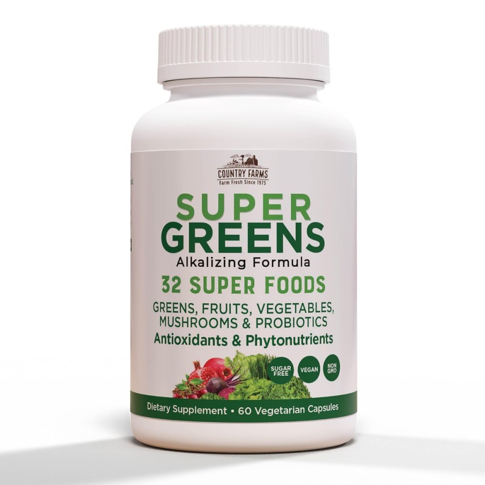 COUNTRY FARMS Super Greens Vegicaps, 32 Super Foods, Whole Food Supplement, Greens, Fruit, Vegetables, Mushrooms & Probiotics, Rich in Antioxidants & Phytonutrients, 120 Count, 60 Servings