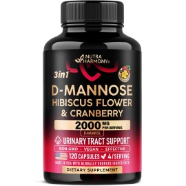 D-Mannose 2000mg with Cranberry & Hibiscus - Clinically Tested Strength for Urinary Tract Health - Supplement for Women - Bladder, Liver & Microflora Support - Made in USA - Vegan, 120 Capsules