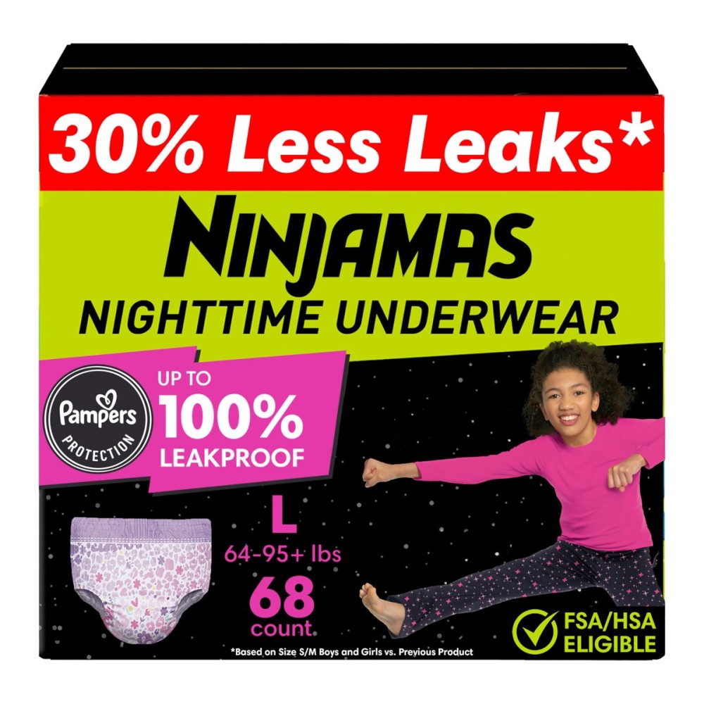 Ninjamas Girls Bedwetting Nighttime Underwear, Pampers Pull Ups Size L (64-95+ lbs), 68 Count, Overnight Underwear Kids, Ultra Absorbent, Hypoallergenic
