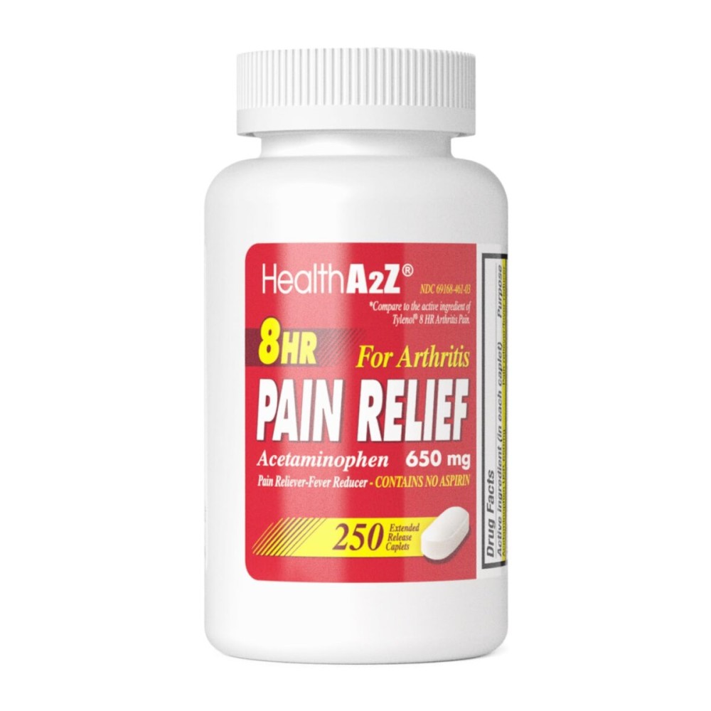 HealthA2Z Pain Relief Extended Release | Acetaminophen 650mg | 8 Hours | Arthiritis Pain | Pain Reliever - Fever Reducer | Contains no Aspirin | (250 Caplets)