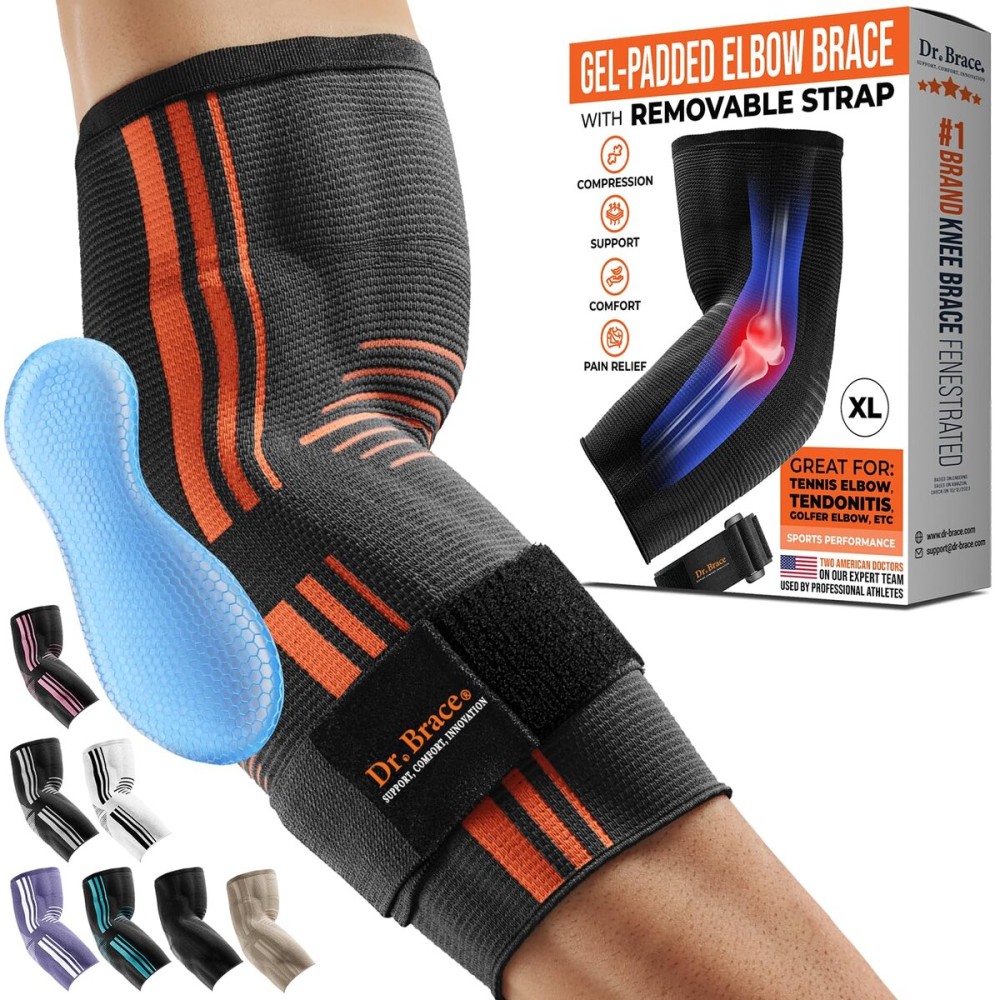 DR. BRACE Elite Elbow Brace Support, Breathable Elbow Compression Sleeve with Gel Pad for Golfer\'s, Tennis Elbow & Tendonitis Treatment & Pain Relief 2024 (Grey-Orange, X-Large)