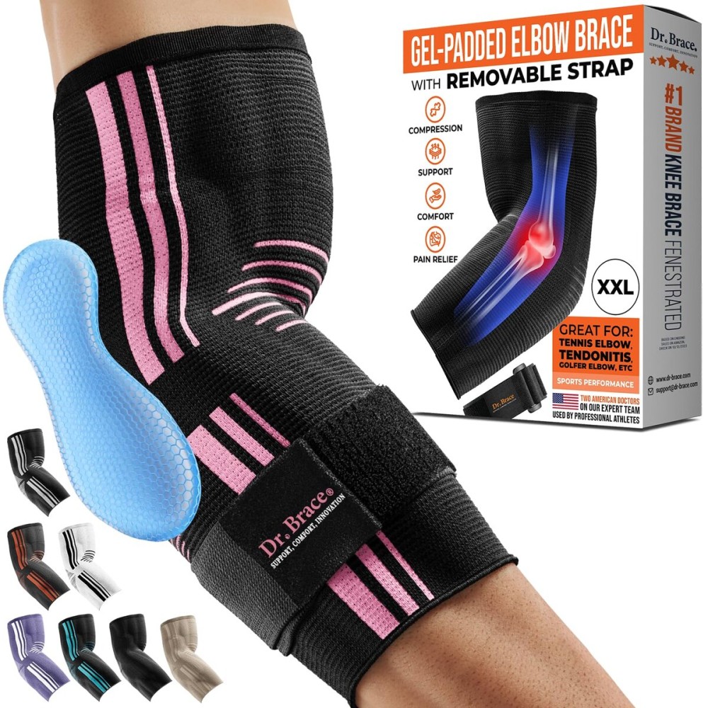 DR. BRACE Elite Elbow Brace Support, Breathable Elbow Compression Sleeve with Gel Pad for Golfer\'s, Tennis Elbow & Tendonitis Treatment & Pain Relief 2024 (Black-Pink, XX-Large)
