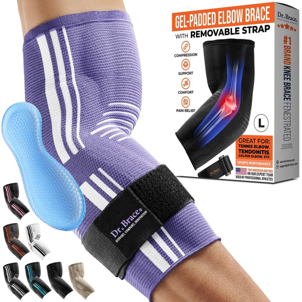 DR. BRACE Elite Elbow Brace Support, Breathable Elbow Compression Sleeve with Gel Pad for Golfer\'s, Tennis Elbow & Tendonitis Treatment & Pain Relief 2024 (Purple-White, Large)