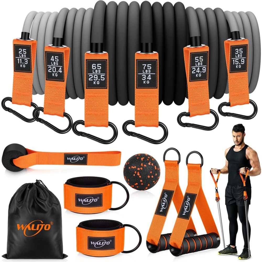 WALITO Resistance Bands Set - Exercise Bands with Handles, Door Anchor, Legs Ankle Straps, for Heavy Resistance Training, Physical Therapy, Muscle Training, Yoga, Home Workouts, Gym (Orange 300Lbs)