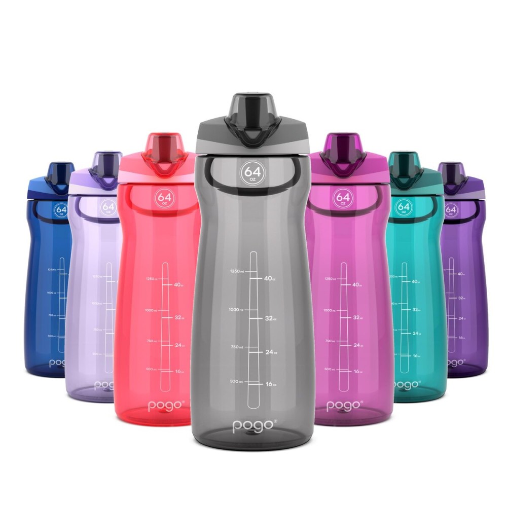 Pogo 64oz Plastic Water Bottle with Leak-Proof Chug Lid and Carry Handle, Reusable, BPA Free, Capacity Markings, Dishwasher Safe, Perfect for Travel, School, Outdoors, and Gym, Grey