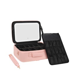 Relavel Makeup Bag with LED Mirror, 16.2 inches Large Makeup Case Travel Portable Cosmetic Organizer Vanity Case for Women, Rechargeable Lighted Mirror Professional Makeup Artists Storage Box (Pink)