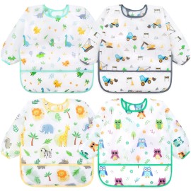 Accmor 4 Pack Long Sleeve Bibs, Baby Smock Waterproof Sleeved Bib Smock for Baby Toddler 6-24 Months