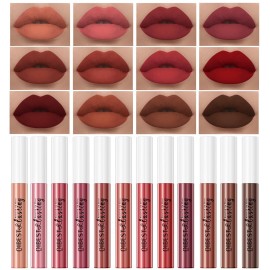 12Pcs Makeup Matte Lipstick Lip Kit, Warm Neutrals & Vintage Reds Non-Stick Cup Not Fade Liquid Lipstick Waterproof Long Lasting Durable Nude Lip Gloss Beauty Cosmetics Gift Box Makeup Set Kit