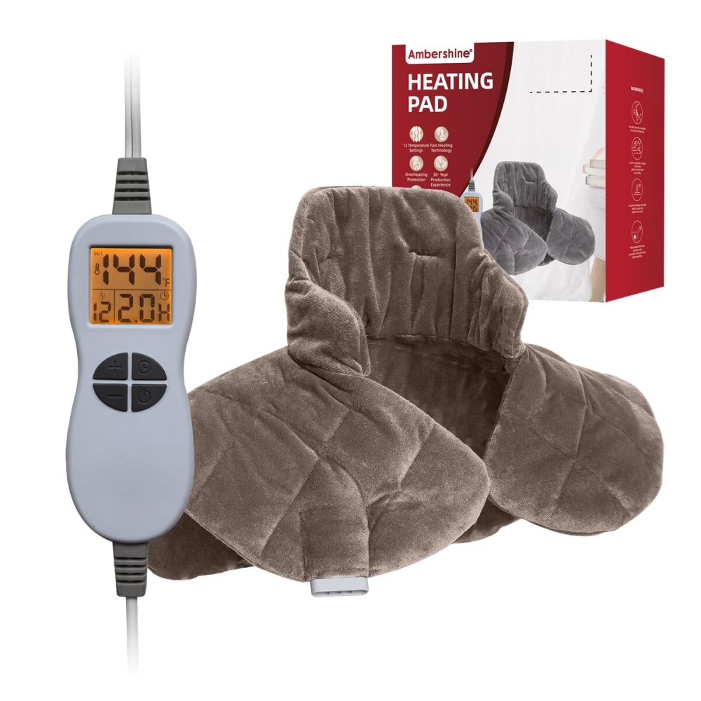 Ambershine 19\'\'x24\'\' Weighted Neck & Shoulder Heating Pad, 2.5lbs with 12 Temperature Settings& 4 Auto-Off Timers, Pain Relief for Neck/Shoulder/Back, Christmas Gifts for Women Men Mom Dad(Light Tan)