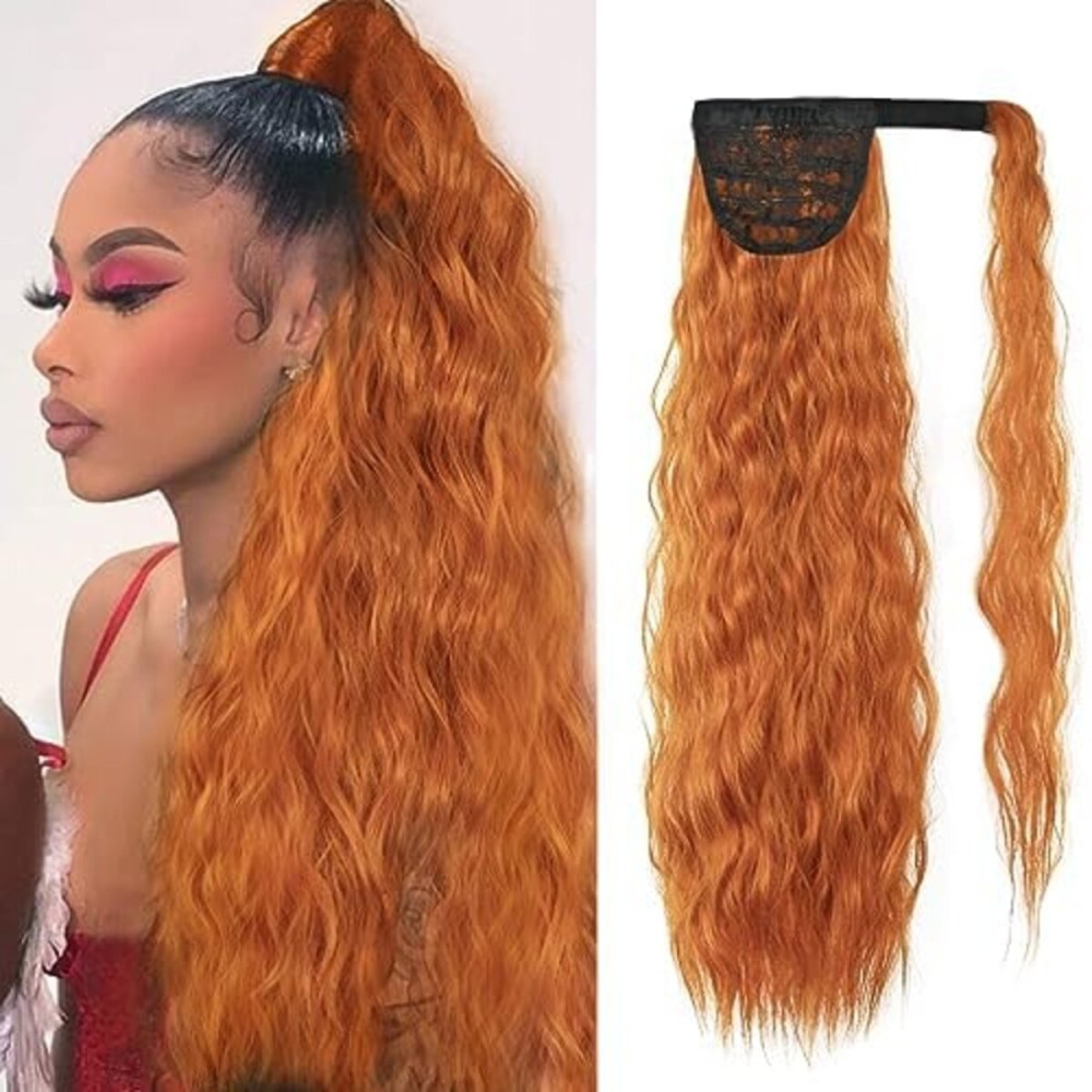 Corn Wave Ponytail Extension Clip in - 22 Inch Long Wavy Curly Wrap Around Pony Tail Heat Resistant Synthetic Hairpiece for Women (Orange 18C)