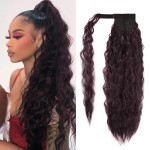 Corn Wave Ponytail Extension Clip in - 22 Inch Long Wavy Curly Wrap Around Pony Tail Heat Resistant Synthetic Hairpiece for Women (Wine Red 99J)