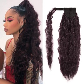 Corn Wave Ponytail Extension Clip in - 22 Inch Long Wavy Curly Wrap Around Pony Tail Heat Resistant Synthetic Hairpiece for Women (Wine Red 99J)