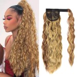 Corn Wave Ponytail Extension Clip in - 22 Inch Long Wavy Curly Wrap Around Pony Tail Heat Resistant Synthetic Hairpiece for Women (Brown Mixed Blonde 12H24)