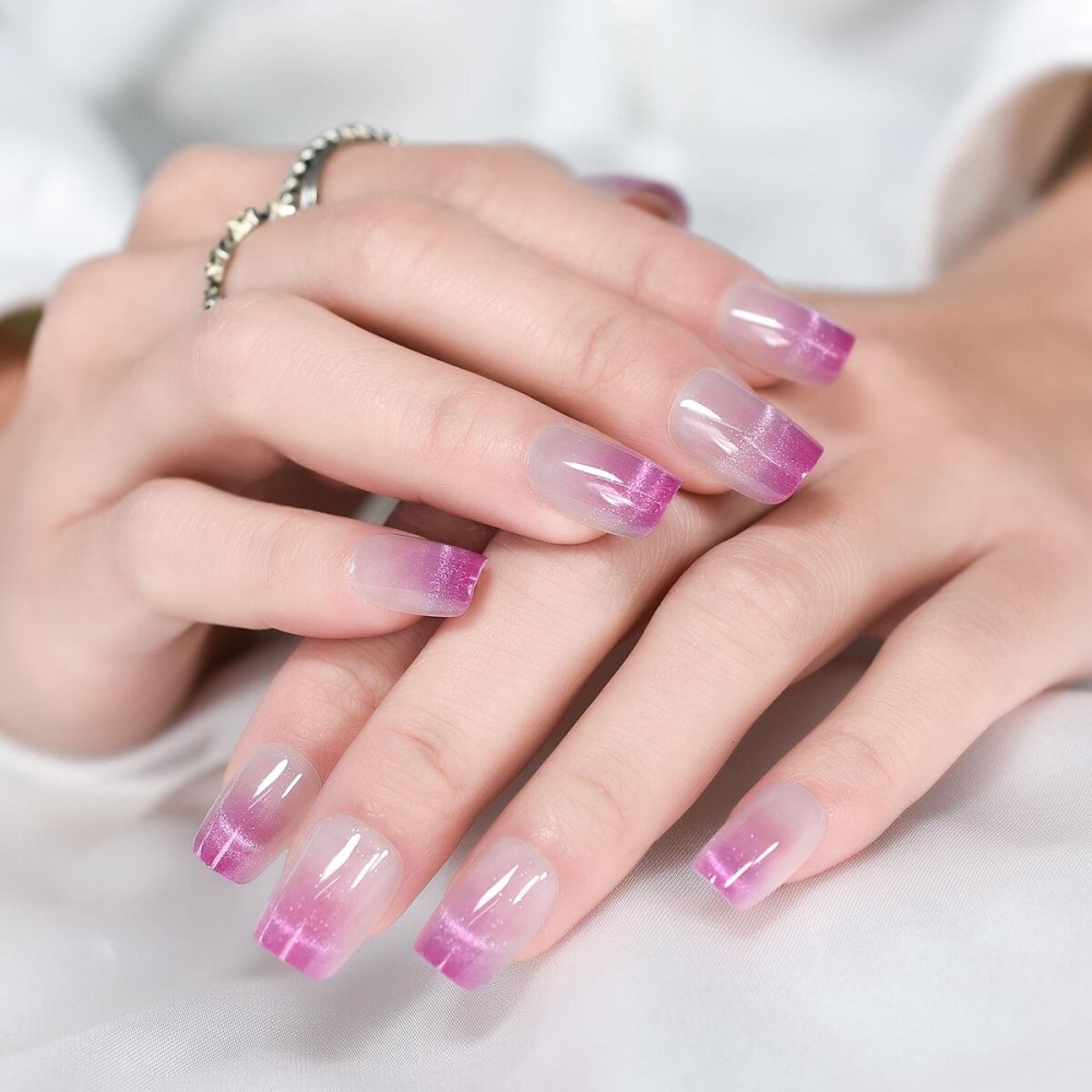 Pink Purple Shimmer French Press on Nails - iBeautying False Nails - Glossy Finish Finger Daily Wear Nail - Small Size Coffin Shape Cateyes GelAcrylic Reusable Fake Nails 24pcs