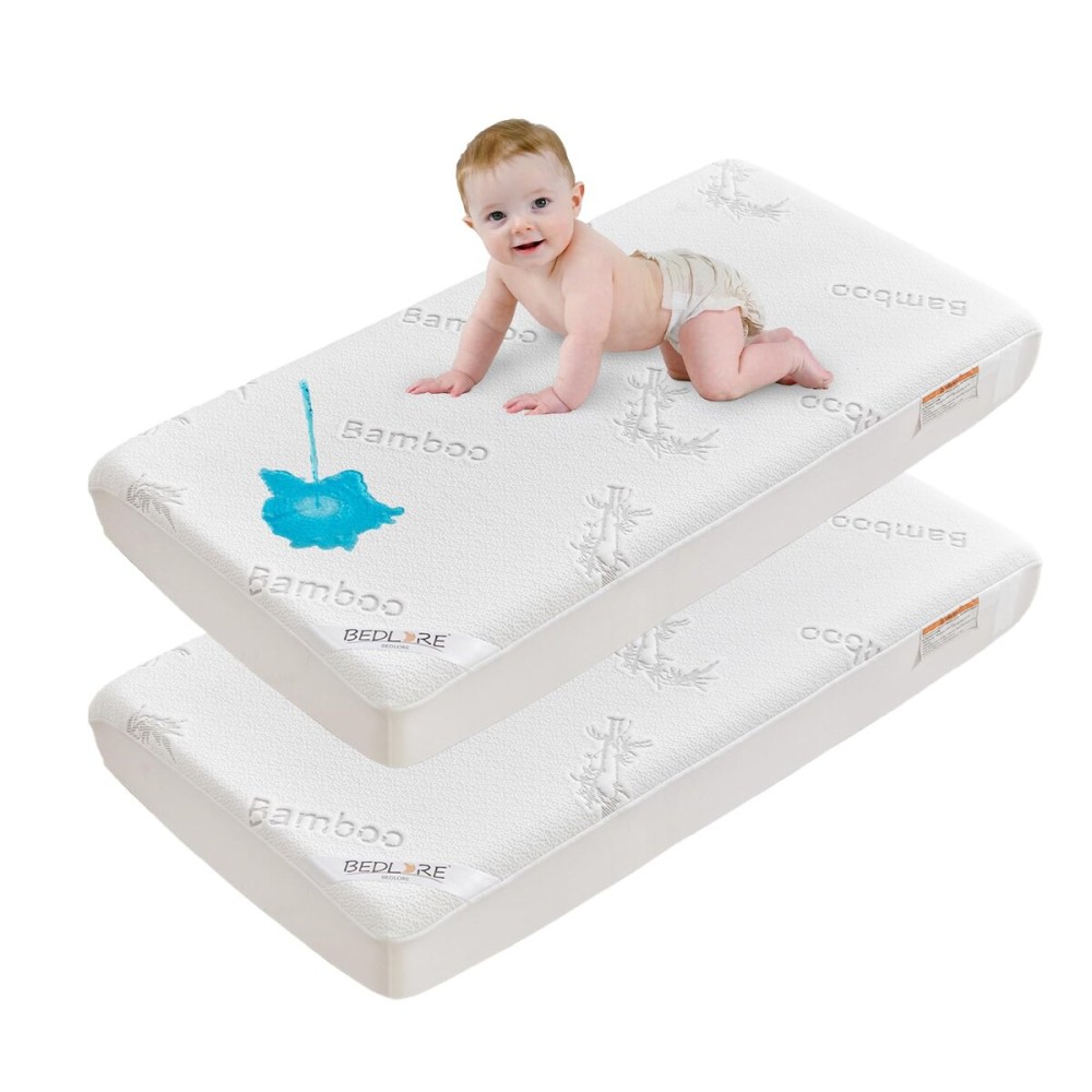 BEDLORE Waterproof Crib Mattress Protector 2 Pack, Ultra Soft Bamboo Viscose Crib Mattress Pad Cover, Noiseless Toddler Mattress Protector for Standard Baby Bed Size 52\'\'x28\'\', White