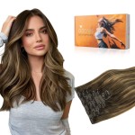 DOORES Seamless Clip-in Hair Extensions Real Human Hair, Chocolate Brown to Caramel Blonde 24 Inch 160g 7pcs, Invisi Edge Remy Hair Straight Weft