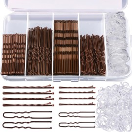 Teenitor 300pcs Bobby Pins Hair Pins Kit, 100 Hair Pin for Women 100 Bobby Pins Brown and 100 Hair Bands, Hair Pins for Buns 2inch 2.36inch 2.75inch