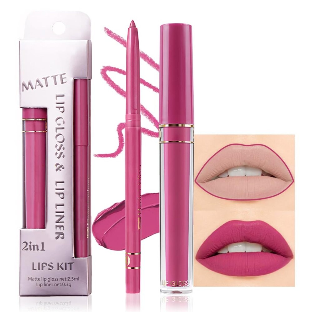 evpct 2Pcs Rose Matte Lip Liner and Lipstick Gloss Stains Makeup Set Kit for Women Long Lasting Waterproof 24, Rose Red Matte Lipstick Kit with Lip Liner, 24 Hour Lipsticks Pencils
