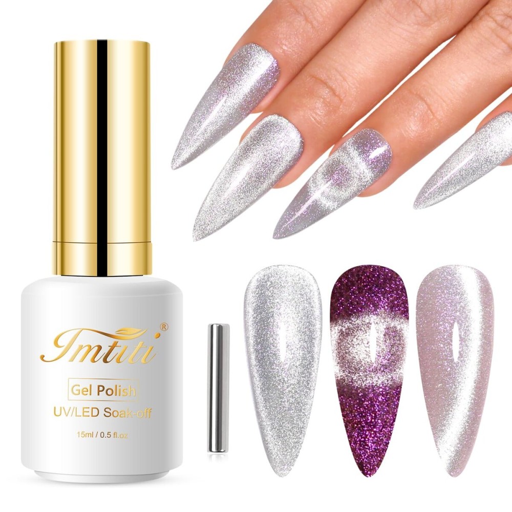 Imtiti Cat Eye Gel Nail Polish, 15ML Silver Holographic Glitter Cat Eye Gel Polish with Magnet UV LED Magnetic Crystal Galaxy Sparkly Home DIY Manicure