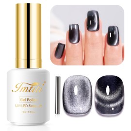 Imtiti Cat Eye Gel Nail Polish, 15ml Black Crystal Glitter Cat Eye Gel Polish With Magnet Dark Gray Magnetic Holographic Galaxy Sparkly Soak Off UV Led Manicure