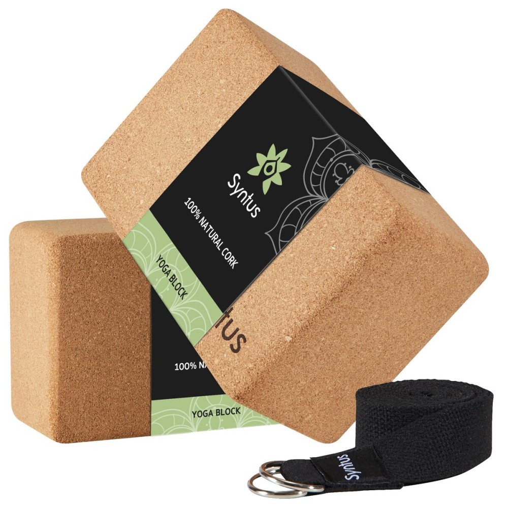 Syntus Cork Yoga Blocks and Strap Set, 2 Natural Cork Soft Non-Slip Blocks 964 inches, 8FT Metal D-Ring Strap for Yoga, General Fitness, Pilates, Stretching and Toning