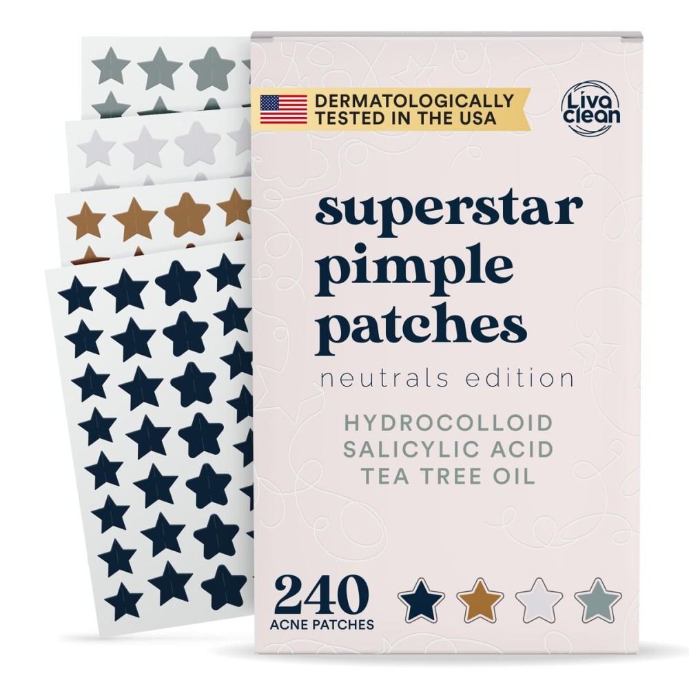 LivaClean 240 CT Neutrals Pimple Patches for Face w/Salicylic Acid & Tea Tree, Hydrocolloid Acne Patches Cute Star Pimple Patch for Healing, Cute Face Stickers, Zit Patch