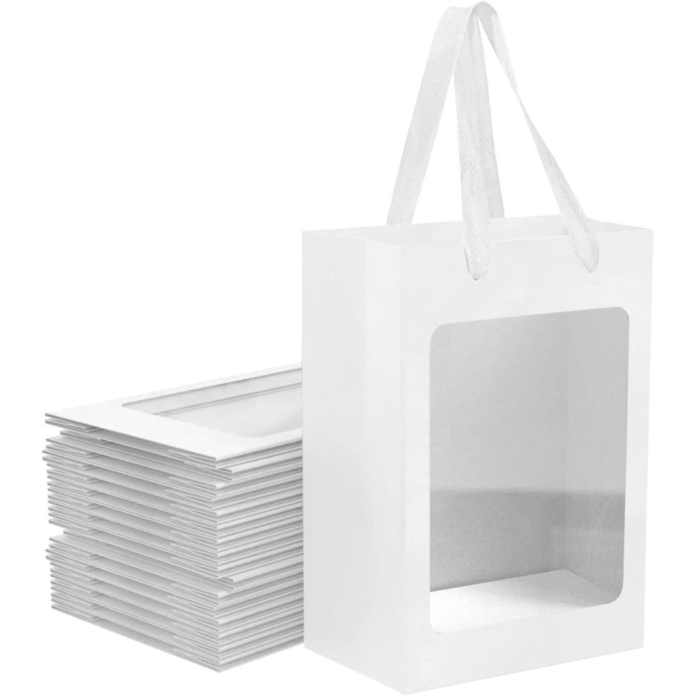 BallHull 24 Pcs White Kraft Paper Gift Bags with Transparent Window, 9.84x7.0x5.12 Kraft Shopping Bags with Handles for Bouquet Christmas Birthdays Festivals Party Weddings Wrapping