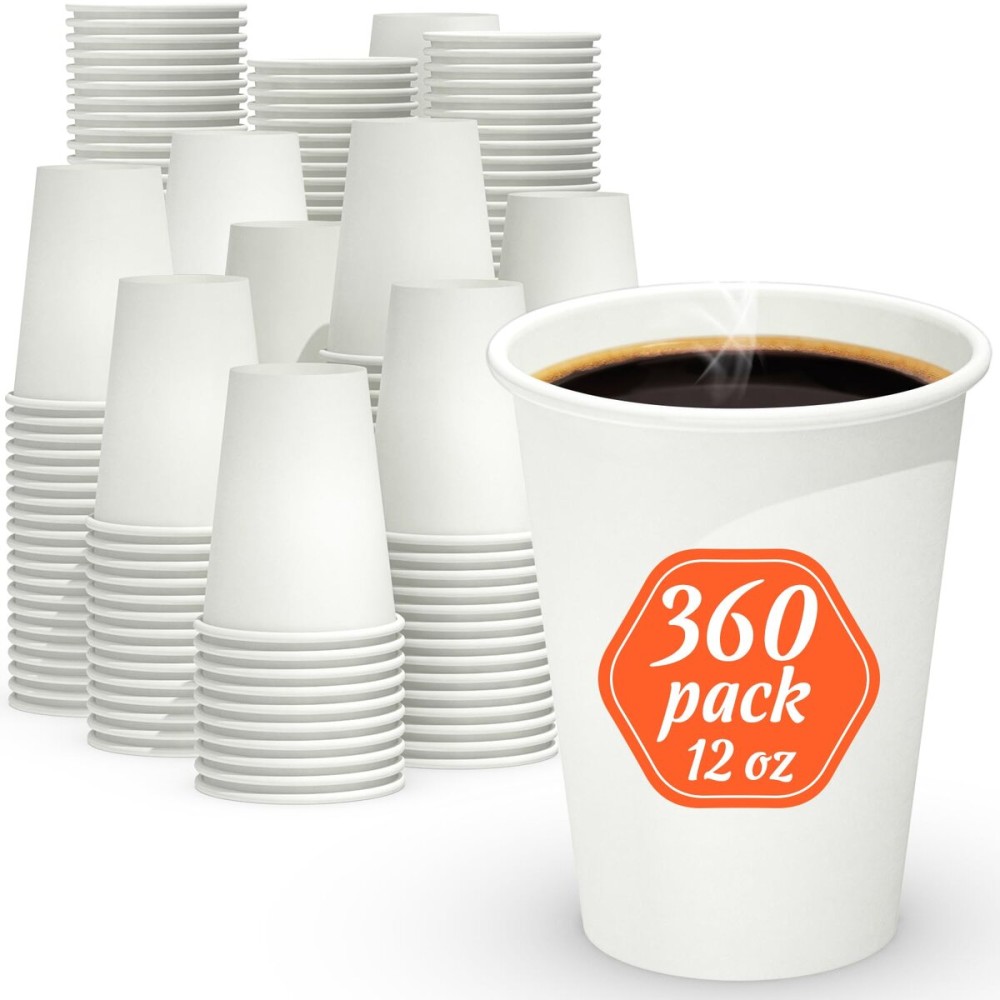 Dealusy 360 Count 12 oz Coffee Cups, Leak-Free Food Safe Paper Cups 12 oz, Disposable 12oz White Paper Cups for Cold and Hot Drinks