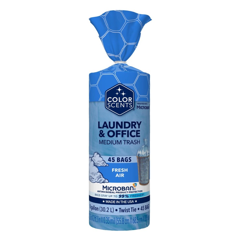 Color Scents Medium Trash Bags - 8 Gallon, 45 Bags (1 Pack of 45 Bags) Twist Tie - Blue in Fresh Air Scent with Microban
