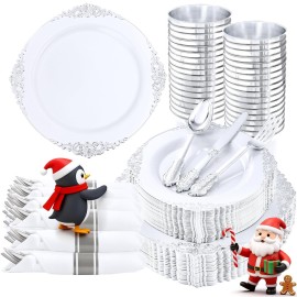 Nervure 350PCS Silver Plastic Plates - Silver Plastic Dinnerware Sets for 50 Guests - 100 Disposable Plates, 150 Silverware, 50 Cups, 50 Napkins for Wedding & Party