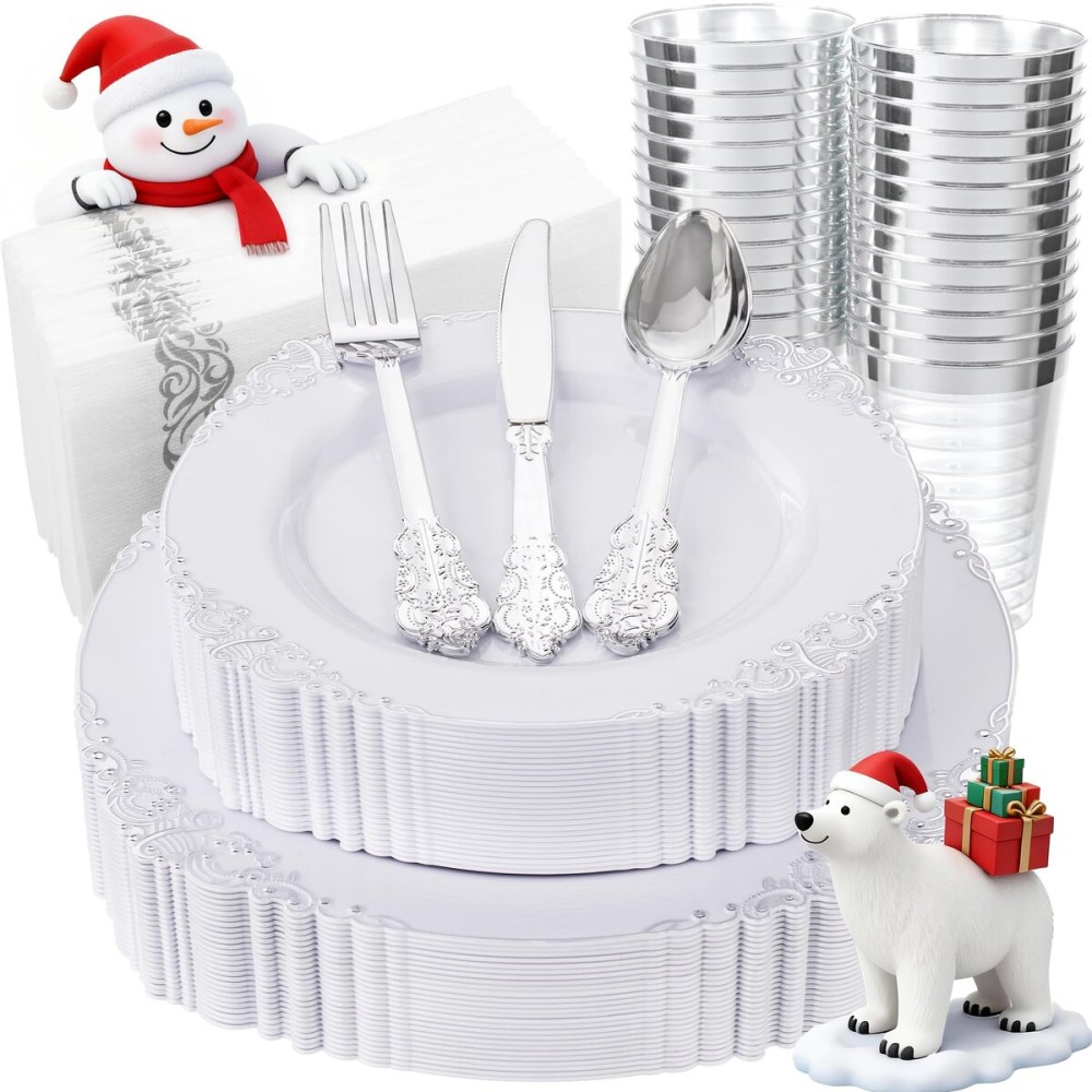 Nervure 175PCS Silver Plastic Plates - White and Silver Disposable Plates for 25 Guests Include 50Plates, 25Cups, 25Forks, 25Knives, 25Spoons, 25Napkins for Wedding & Party