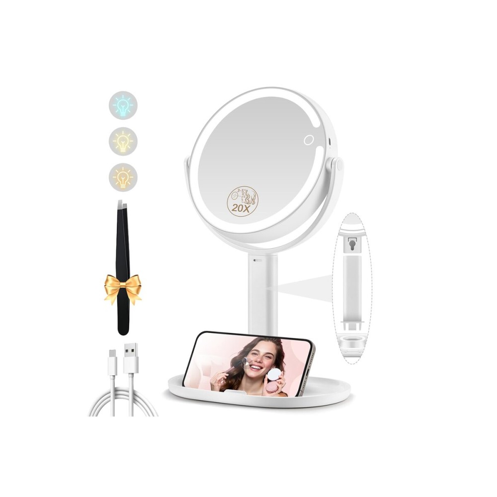 MOMOKUBA Makeup Mirror with Lights, Double Sided 1x/20x Magnifying Mirror with Light, Rechargeable 3 Color Lights and Adjustable Brightness, 360 Rotation Detachable Comes with Tweezer(White)