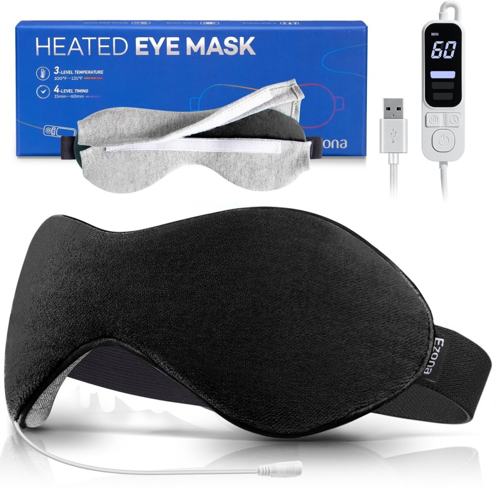 Ezona Heated Eye Mask, Warm Eye Compress Mask for Dry Eyes, USB Electric Eye Heating Pad with Temperature & Timer Control, Dry Eyes, Blepharitis, Sinus Migraine (Black)