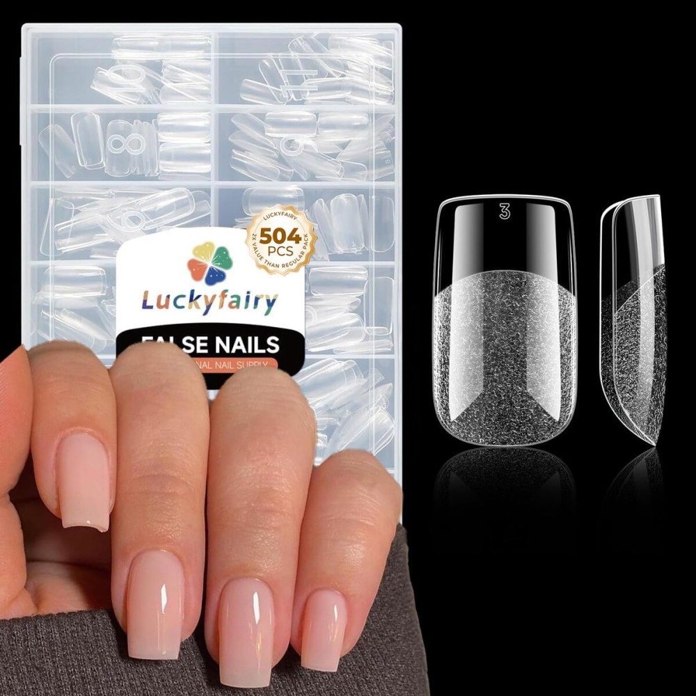 Nail Tips Square: 504PCS Tri-Layer Core Short Square Gel Nail Tips, 12 Sizes Soft Clear Nails Full Cover Acrylic False Fake Nails for Women Flat & Natural Nail Extensions Home