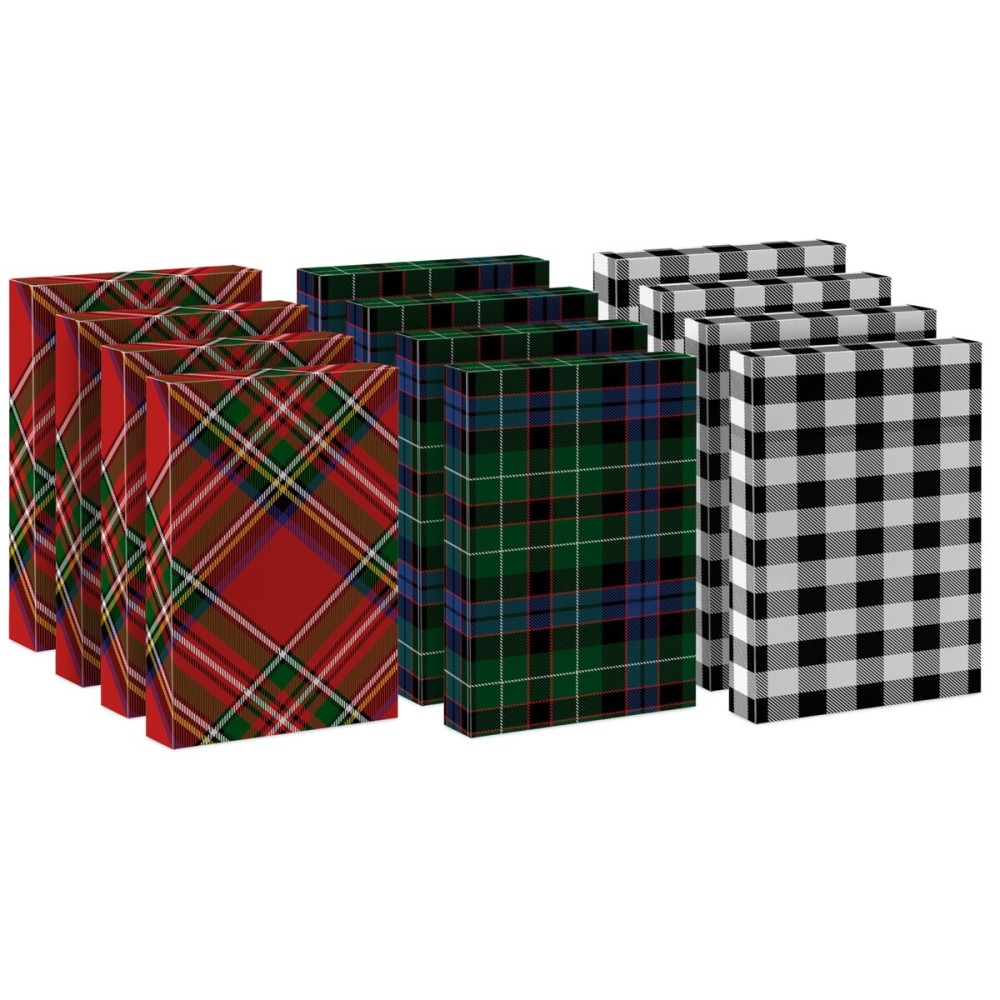 Hallmark Medium Christmas Gift Boxes with Lids (12 Shirt Boxes, 3 Designs: Blue, Green, Red Plaid, Black Buffalo Check) for Christmas, Hanukkah, Birthdays, Father\'s Day